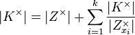 |K^\times|=|Z^\times|+\sum_{i=1}^k\frac{|K^\times|}{|Z_{x_i}^\times|}\; 