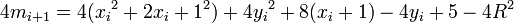 4m_{i+1}=4({x_i}^2+2x_i+1^2)+4{y_i}^2+8(x_i+1)-4y_i+5-4R^2