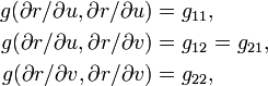 \begin{align} g(\partial r/\partial u,\partial r/\partial u)&=g_{11},\\ g(\partial r/\partial u,\partial r/\partial v)&=g_{12}=g_{21},\\ g(\partial r/\partial v,\partial r/\partial v)&=g_{22}, \end{align}