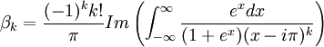 \beta_k=\frac{(-1)^kk!}{\pi}Im\left(\int_{-\infty}^{\infty}\frac{e^xdx}{(1+e^x)(x-i\pi)^k}\right)