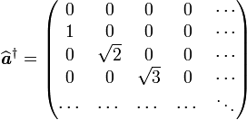 \widehat{\textbf{\textit{a}}}^{\dagger}= \begin{pmatrix} 0 & 0 & 0 & 0 & \cdots \\ 1 & 0 & 0 & 0 & \cdots \\ 0 & \sqrt{2} & 0 & 0 &\cdots \\ 0 & 0 & \sqrt{3} & 0 & \cdots \\ \cdots & \cdots & \cdots & \cdots &\ddots \end{pmatrix}