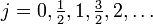 j=0, \tfrac{1}{2}, 1, \tfrac{3}{2}, 2, \dots 