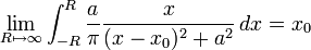 \lim_{R \mapsto \infty} \int_{-R}^R \frac{a}{\pi}\frac{x}{(x-x_0)^2+a^2}\, dx = x_0 