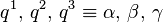  q^1,\,q^2,\,q^3 \equiv \alpha,\,\beta,\,\gamma