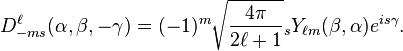  D^{\ell}_{-m s}(\alpha,\beta,-\gamma) =(-1)^m \sqrt\frac{4\pi}{2{\ell}+1} {}_sY_{{\ell}m}(\beta,\alpha) e^{is\gamma}. 