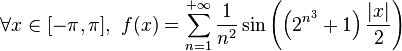 \forall x\in [-\pi,\pi], \,\, f(x)=\sum_{n=1}^{+\infty} \frac1{n^2} \sin \left(\left(2^{n^3}+1\right)\frac {|x|} 2\right)
