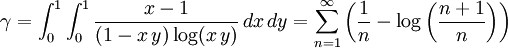 \gamma = \int_{0}^{1}\int_{0}^{1} \frac{x-1}{(1-x\,y)\log(x\,y)} \, dx\,dy = \sum_{n=1}^\infty \left( \frac{1}{n}-\log \left( \frac{n+1}{n} \right) \right)