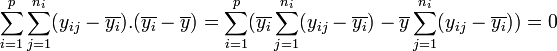 ~ \sum_{i=1}^p \sum_{j=1}^{n_i} ( y_{ij} - \overline{y_i}).(\overline{y_i} - \overline{y}) = \sum_{i=1}^p (\overline{y_i} \sum_{j=1}^{n_i} (y_{ij} - \overline{y_i}) - \overline{y} \sum_{j=1}^{n_i} (y_{ij} - \overline{y_i})) = 0 