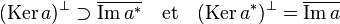  (\text{Ker}\,a)^{\bot} \supset \overline{\text{Im}\,a^*}\quad \text{et}\quad (\text{Ker}\,a^*)^{\bot} = \overline{\text{Im}\,a} 
