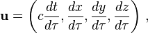 \mathbf{u} = \left(c \frac{dt}{d\tau}, \frac{dx}{d\tau}, \frac{dy}{d\tau}, \frac{dz}{d\tau}\right)\,,