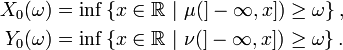 \begin{align} X_0(\omega)&= \inf\left\{x\in\mathbb{R}\ |\ \mu(]-\infty, x])\ge\omega\right\}, \\ Y_0(\omega)&= \inf\left\{x\in\mathbb{R}\ |\ \nu(]-\infty, x])\ge\omega\right\}. \end{align}