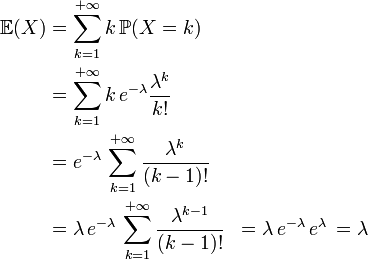 \begin{align}\mathbb{E}(X)  &= \sum_{k=1}^{+{\infty}}k\,\mathbb{P}(X=k)\\&=\sum_{k=1}^{+{\infty}}k\,e^{-\lambda}\frac{\lambda^k}{k!}\\&=e^{-\lambda}\,\sum_{k=1}^{+{\infty}}\frac{\lambda^k}{(k-1)!}\\&=\lambda\,e^{-\lambda}\,\sum_{k=1}^{+{\infty}}\frac{\lambda^{k-1}}{(k-1)!}&=\lambda\,e^{-\lambda}\,e^{\lambda}\,=\lambda\end{align}