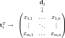  \begin{matrix}   & \textbf{d}_j \\  & \downarrow \\ \textbf{t}_i^T \rightarrow & \begin{pmatrix}  x_{1,1} & \dots & x_{1,n} \\ \vdots & \ddots & \vdots \\ x_{m,1} & \dots & x_{m,n} \\ \end{pmatrix} \end{matrix} 