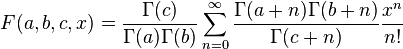 F(a,b,c,x)=\frac{\Gamma(c)}{\Gamma(a)\Gamma(b)}\sum_{n = 0}^\infty\frac{\Gamma(a+n)\Gamma(b+n)}{\Gamma(c+n)}\frac{x^n}{n!}