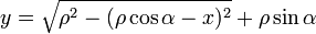 y = \sqrt{\rho^2-(\rho\cos\alpha-x)^2}+\rho\sin\alpha