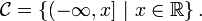 \mathcal{C}=\left\{(-\infty,x]\ |\ x\in\mathbb{R}\right\}.
