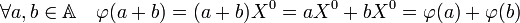 \forall a,b \in \mathbb A\quad \varphi(a+b) = (a+b)X^0 = aX^0 + bX^0 = \varphi(a) + \varphi(b)