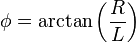 \phi = \arctan \left({R \over L}\right)