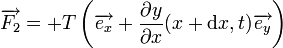  \overrightarrow{F_2} = + T \left(\overrightarrow{e_x} + {\partial y \over \partial x} (x+\mathrm dx,t) \overrightarrow{e_y}\right) 