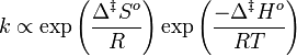 k\propto\exp\left(\frac{\Delta^\ddagger S^{o}}{R}\right)\exp\left(\frac{-\Delta^\ddagger H^{o}}{RT}\right)