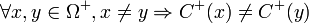 \forall x,y \in \Omega^+, x \ne y \Rightarrow C^+(x) \ne C^+(y)