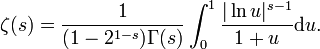 \zeta(s)=\frac1{(1-2^{1-s})\Gamma(s)}\int_0^1 \frac{|\ln u|^{s-1}}{1+u} \mathrm du.\,\!
