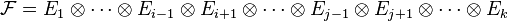 \mathcal{F} = E_1 \otimes \cdots \otimes E_{i-1} \otimes E_{i+1} \otimes \cdots \otimes E_{j-1} \otimes E_{j+1} \otimes \cdots \otimes E_k