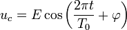 u_c = E \cos \left( \frac{2 \pi t}{T_0} + \varphi \right)