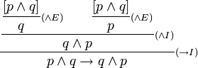  \frac   {\displaystyle\frac      {\displaystyle       \frac{[p \wedge q]}{q}{\scriptstyle(\wedge E)}       \qquad       \frac{[p \wedge q]}{p}{\scriptstyle(\wedge E)}      }      {q\wedge p}      {\scriptstyle(\wedge I)}   }   {p\wedge q\rightarrow q\wedge p}   {\scriptstyle(\rightarrow I)} 