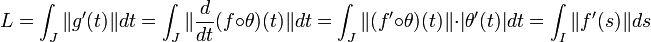 L = \int_J \|g'(t)\| dt = \int_J \|\frac d{dt} (f\circ \theta)(t)\| dt = \int_J \|(f'\circ \theta)(t)\| \cdot |\theta'(t)|dt = \int_I \|f'(s)\| ds