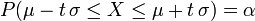 \ P(\mu - t\, \sigma \leq X \leq \mu + t\, \sigma) = \alpha