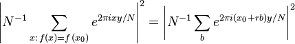 \left| N^{-1} \sum_{x:\, f(x)=f(x_0)} e^{2\pi i x y/N} \right|^2 = \left| N^{-1} \sum_{b} e^{2\pi i (x_0 + r b) y/N} \right|^2 