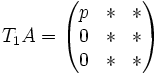 T_1A=\begin{pmatrix}p&*&*\\0&*&*\\0&*&*\\ \end{pmatrix}