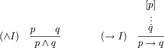 (\wedge I)\quad \frac{p\qquad q}{p\wedge q} \qquad \qquad (\to I)\quad \frac{\stackrel{\displaystyle[p]}{\stackrel{\vdots}{q}}}{p\to q}