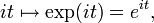 it \mapsto \exp(it) = e^{it},\,