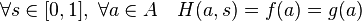 \forall s \in [0,1],\; \forall a \in A \quad H(a,s) = f(a) = g(a)