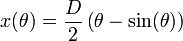 x(\theta) = \frac{D}{2} \left(\theta - \sin(\theta)\right)