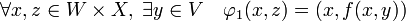 \forall x,z \in W\times X,\; \exists y \in V \quad \varphi_1(x,z) = (x,f(x,y))