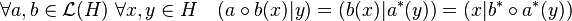 \forall a,b \in \mathcal L(H)\; \forall x,y\in H\quad(a\circ b(x)|y)=(b(x)|a^*(y))=(x|b^*\circ a^*(y)) 