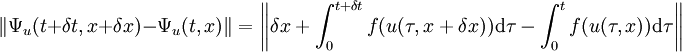 \|\Psi_u (t+\delta t,x+\delta x) - \Psi_u (t,x)\| = \left\|\delta x + \int_0^{t+\delta t} f(u(\tau,x+\delta x)) \mathrm d \tau - \int_0^t f(u(\tau,x)) \mathrm d \tau\right\|