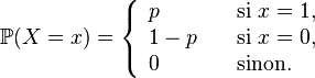    \mathbb{P}(X=x) = \left\{\begin{array}{ll} p &\quad\mbox {si }x=1, \\ 1-p &\quad\mbox {si }x=0, \\ 0 &\quad\mbox {sinon.}\end{array}\right.