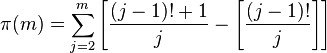  \pi(m) = \sum_{j=2}^m \left[ {(j-1)! + 1 \over j} - \left[{(j-1)! \over j}\right] \right]