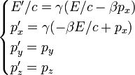 \begin{cases} E'/c= \gamma (E/c - \beta p_x)\\ p'_x = \gamma (-\beta E/c + p_x)\\ p'_y = p_y\\ p'_z = p_z \end{cases} 