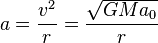 a = \frac{v^2}{r} = \frac{\sqrt{ G M a_0 }}{r} 