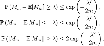 \begin{align} \mathbb{P}\left(M_m-\mathbb{E}[M_m]\ge \lambda\right) &\le\exp\left(-\frac{\lambda^2}{2m}\right), \\ \mathbb{P}\left(M_m-\mathbb{E}[M_m]\le -\lambda\right) &\le\exp\left(-\frac{\lambda^2}{2m}\right), \\ \mathbb{P}\left(\left|M_m-\mathbb{E}[M_m]\right|\ge \lambda\right) &\le 2\exp\left(-\frac{\lambda^2}{2m}\right). \end{align}