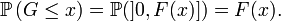  \mathbb{P}\left(G\le x\right) = \mathbb{P}(]0, F(x)]) =F(x). 