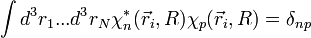 \int d^3r_1 ... d^3r_N \chi_n^*(\vec r_i, R)\chi_p(\vec r_i, R)=\delta_{np}