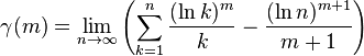 \gamma (m) = \lim_{n \rightarrow \infty } \left(  \sum_{k=1}^n \frac{(\ln k)^m}{k}  - \frac{(\ln n)^{m+1}}{m+1} \right)