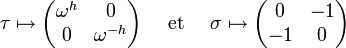 \tau\mapsto\begin{pmatrix} \omega^h & 0 \\ 0 & \omega^{-h}\end{pmatrix}\quad\mbox{ et }\quad\sigma\mapsto\begin{pmatrix} 0 & -1 \\ -1 & 0\end{pmatrix}