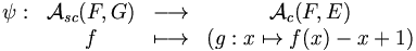 \begin{matrix}\psi : & \mathcal A_{sc}(F, G) & \longrightarrow & \mathcal A_{c}(F, E)\\& f & \longmapsto & (g: x\mapsto f(x)-x+1)\end{matrix}